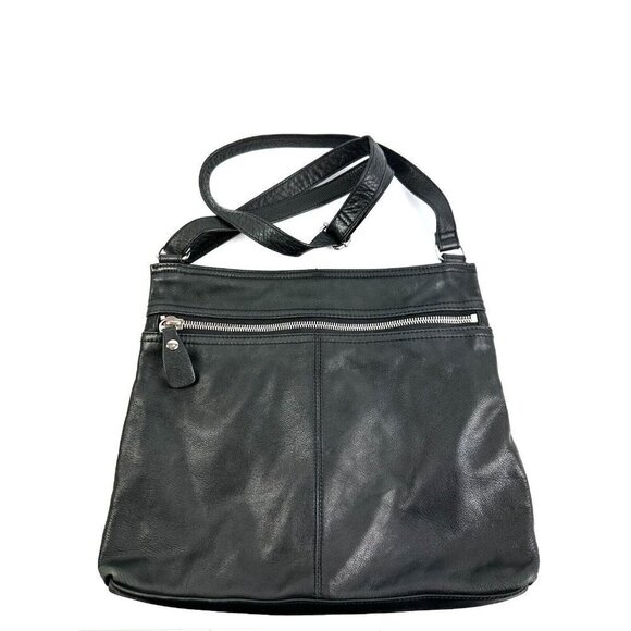 Margot Crossbody Bag Double Zip Black Leather Handbag Silver Accent Purse - Picture 10 of 10